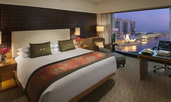 a hotel room with a large window