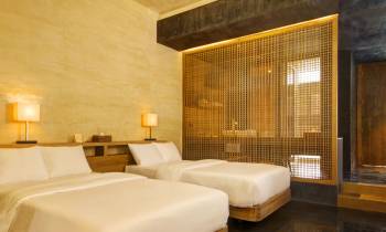 a bedroom with a large bed in a hotel room