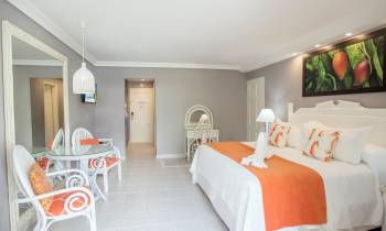 a bedroom with a large bed in a room