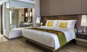 a bedroom with a large bed in a hotel room