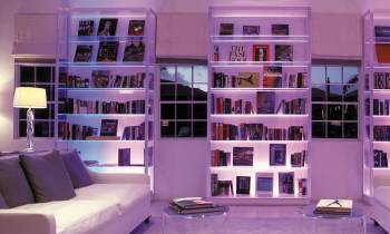 a room with a book shelf