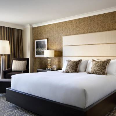 a bedroom with a large bed in a hotel room