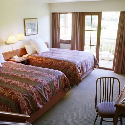 a bedroom with a large bed in a hotel room