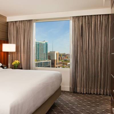 a bedroom with a large bed in a hotel room