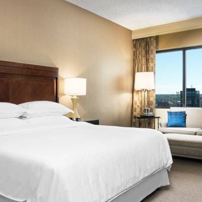 a bedroom with a large bed in a hotel room