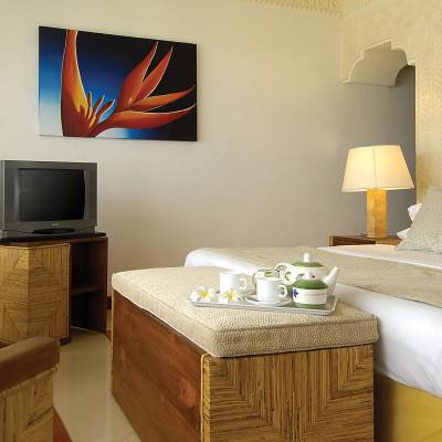 a bedroom with a bed and a mirror