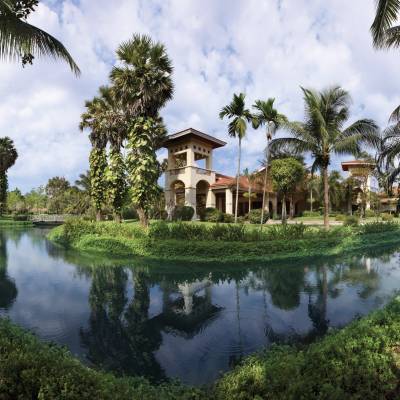 a bridge over a body of water surrounded by palm trees