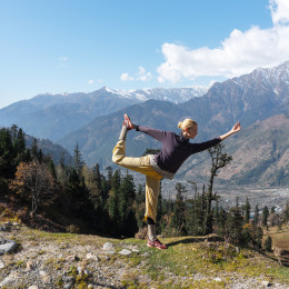 Dutch Women yoga posing, Himalayas, Manali Rohtang, India