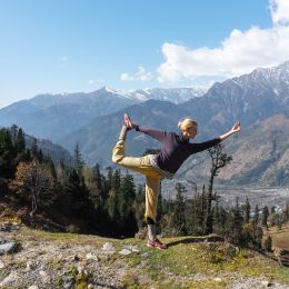 Dutch Women yoga posing, Himalayas, Manali Rohtang, India