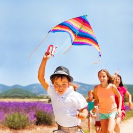 Happy boy flying rainbow kite with his friends