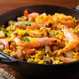 Paella with seafood and chicken