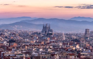 Sagrada familia and panorama view of barcelona city at dusk ,Spain