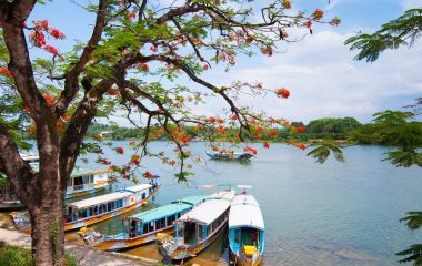 A boat station at Perfume River near Thien Mu pagoda, Hue, Vietnam, Asia