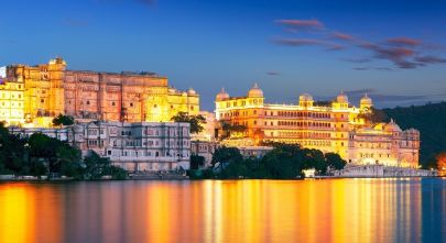Scenic Lake Pichola after dusk.