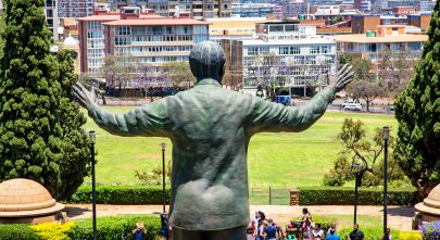 A large statue of former South African president Nelson Mandela stands 9 meters tall in the middle of the Union Buildings in Pretoria.