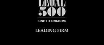 Text on a black background reads: "The Legal 500 United Kingdom Leading Firm." The font is bold and white. "The Legal 500" is written in larger letters, with "United Kingdom" and "Leading Firm" below in smaller font.