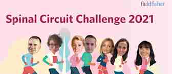 Illustration of six people with photo cutout heads running under the banner "Spinal Circuit Challenge 2021." They are dressed in colorful athletic wear. The background features a pink and green abstract landscape. The logo "fieldfisher" is in the top right corner.
