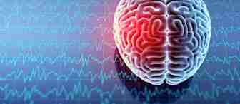A 3D rendering of a human brain with a red highlighted area, set against a background of brainwave patterns on a grid. The image suggests a focus on neurological activity or brain health.