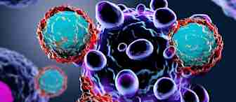 Illustration of T cells attacking a cancer cell. The central cancer cell appears in dark colors, surrounded by glowing T cells in teal and red. The background is dark with several other cells in different colors, depicting an active immune response.
