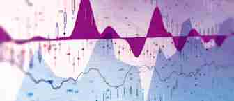 A colorful financial chart displaying various candlestick graphs, line graphs, and data points representing market trends. The chart has a gradient background transitioning from pink to blue, with multiple layers of data visualization overlapping each other.