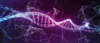 A digital illustration of a DNA double helix with a glowing purple and blue color scheme. Surrounding the DNA strand are interconnected lines and points forming a geometric network. The background is a dark gradient, enhancing the vibrant colors and the futuristic aesthetic.