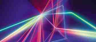 Abstract image featuring vibrant, intersecting neon light trails in pink, blue, yellow, and green on a dark purple background. The lights form geometric shapes and create a sense of depth and motion.
