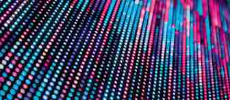 A dynamic pattern of blue, pink, and purple vertical lines in various lengths against a dark background, resembling LED light strips. The lights blur towards the top, creating a vibrant, abstract visual effect.