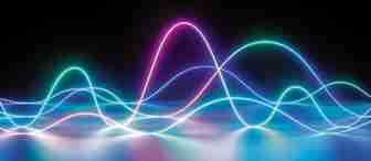 A vibrant, abstract image featuring undulating neon light waves in shades of blue, pink, and purple against a black background. The waves create a dynamic and futuristic visual effect, reflecting softly on a surface below.