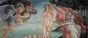 A classical painting shows a nude woman with flowing hair standing on a seashell at the center. To the left, two figures blowing wind, draped in light fabric. To the right, a woman in a flowing gown reaches out with a cloak. The ocean and trees form the background.