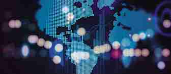 A digital world map is depicted with glowing blue dots representing continents on a dark background. Bright, multicolored bokeh lights are scattered across the image, adding a dynamic and futuristic feel.
