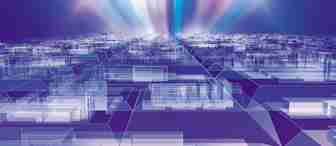A futuristic cityscape with glowing grids and structures under a radiant sky. The image features abstract, geometric shapes in purple and blue hues, creating a digital, sci-fi atmosphere.