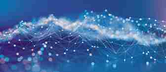 A digital abstract image depicts a network of interconnected points and lines forming a complex mesh against a blue, gradient background. Glowing nodes and soft, bokeh-like lights enhance the futuristic and dynamic feel, suggesting data or technological connectivity.