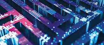 Close-up view of a blue and pink lit circuit board with intricate patterns and interconnected pathways. The lines and components are illuminated, creating a futuristic and complex appearance, suggesting advanced technology or electronic design.