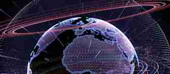 A digital, stylized image of Earth with a focus on Africa, depicted in a mesh of glowing dots and lines. Surrounding the planet are illuminated rings and data streams, giving a futuristic and high-tech appearance. The background is dark, enhancing the visual impact.
