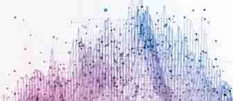 Abstract digital art depicting interconnected data points with lines forming a complex network. The gradient color scheme transitions from purple on the left to blue on the right, creating a sense of depth and motion against a white background.