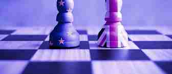 Two chess pawns face each other on a chessboard. The left pawn features the European Union flag design, while the right pawn is adorned with the United Kingdom flag. The image is tinted with a blue hue, symbolizing the Brexit theme.