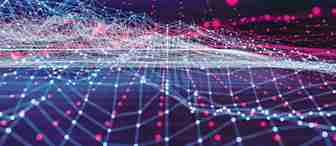 A digital landscape of interconnected lines and dots forms a 3D grid, with neon blue and red highlights against a dark, gradient background. The image suggests data visualization, futuristic technology, or a networked system.