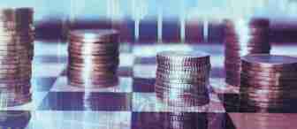 Stacks of coins are arranged on a surface with a digital overlay of financial graphs and charts in the background, suggesting themes of financial growth and analysis. The muted, cool-toned color palette adds a modern, abstract feel.