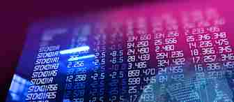 A digital and futuristic screen displaying stock market data and numbers in blue text with a pink and purple gradient background. A globe and a series of lines are faintly visible in the foreground, adding a technological and global theme to the image.