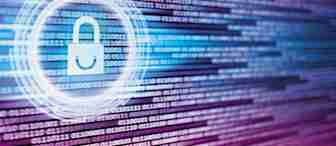 A glowing lock icon is centered against a background of binary code (1s and 0s), symbolizing digital security. The binary code is displayed in horizontal lines, with shades of blue and purple creating a dynamic, futuristic appearance.