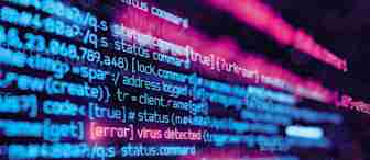 A close-up of computer code displayed on a screen, with lines of code in vibrant blue, pink, and purple colors. One line of text is highlighted in red, stating "[error] virus detected," indicating a security issue within the code.