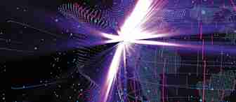 A digital art piece featuring a futuristic and abstract design with bright white light at the center, radiating purple and blue hues. The composition includes dynamic lines, dots, and patterns resembling waves, giving a sense of motion and energy.