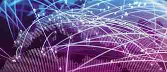 A digital representation of a globe with interconnected points and flowing lines in blue and purple tones. These lines symbolize global connectivity and data exchange across different regions. The image has a futuristic and high-tech aesthetic.