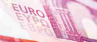 Close-up image of several overlapping Euro banknotes. The focus is on the word "EURO" and the detailed security features, including engravings and color patterns, that are visible under magnification. The overall tone is pinkish-red with crisp, sharp lines.