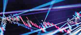 A digital graphic depicts a financial chart with candlestick patterns in blue and red, suggesting stock market data. The image is overlaid with diagonal lines of light, creating a dynamic, futuristic atmosphere.
