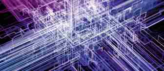 A complex digital artwork featuring a network of intersecting, translucent lines and shapes in hues of purple, blue, and white, creating a three-dimensional, abstract pattern that resembles a futuristic circuit board or metropolis.