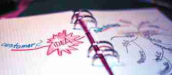Opened notebook with graph paper showing colorful handwritten mind maps. One page features the words "customer?" in blue and "IDEA" in red inside a starburst. The other page has branches labeled "communication," "skills," "creativity," and related concepts.