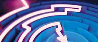 A close-up digital rendering of a bright neon arrow navigating through a blue labyrinth towards the center. The arrow and maze are outlined in glowing light, creating a vibrant contrast against the dark background.