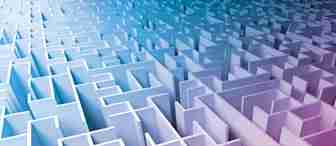 A 3D-rendered maze with high walls, transitioning in color from white to purple, and then to blue towards the top of the image. The perspective shows the maze spreading out with various intricate paths and dead ends.