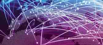 A digital representation of a globe with interconnected points emitting bright, glowing lines, symbolizing global communications and networking. The image features a vibrant mix of blue and purple hues, against a dark background.